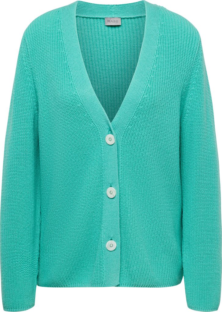 Rabe Strickjacke Grün Größe 46 V-Ausschnitt Knopfleiste geripptes Strickmuster