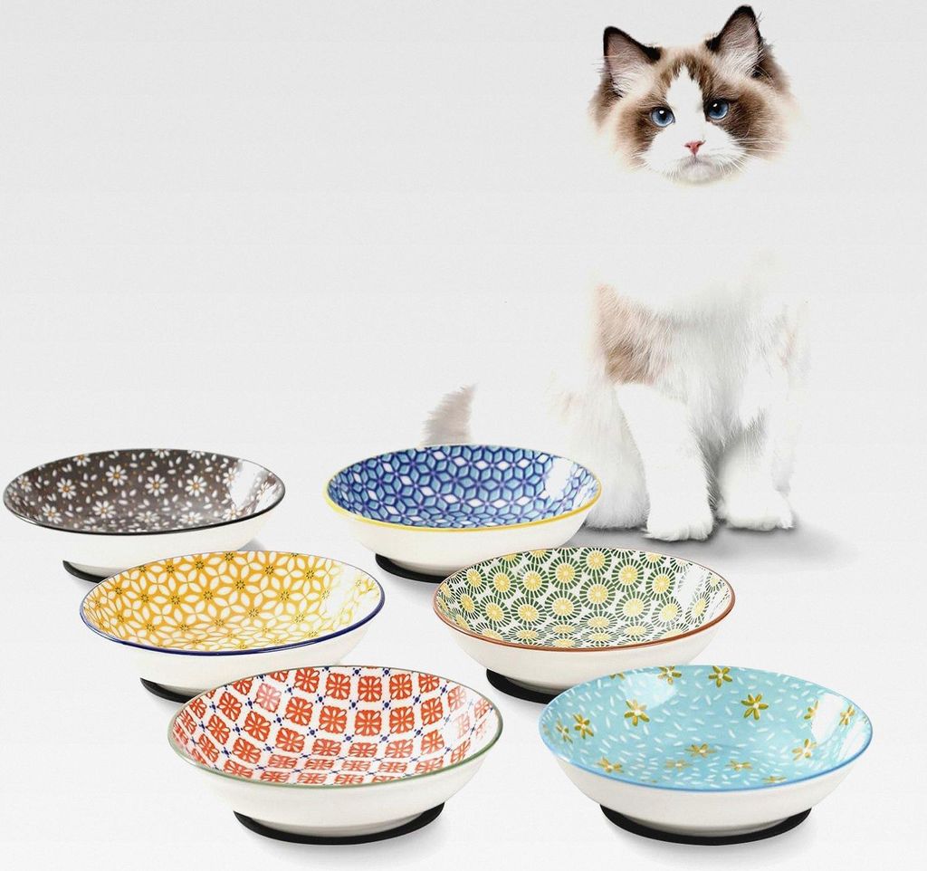 Napf Katze Keramik Katzen Futternapf - Blumenserie Bunte Katzennäpfe 6er Set - Katzenfutter Napfset mit Rutschfester Matte - Katzennapf Flach - Fr...