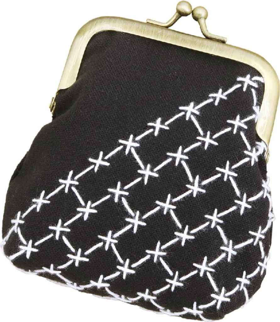 Olympus Hitomezashi Sashiko Stickpackung "Gamaguchi-Beutel Navy", Stoff bedruckt, 34x28cm, Original aus Japan