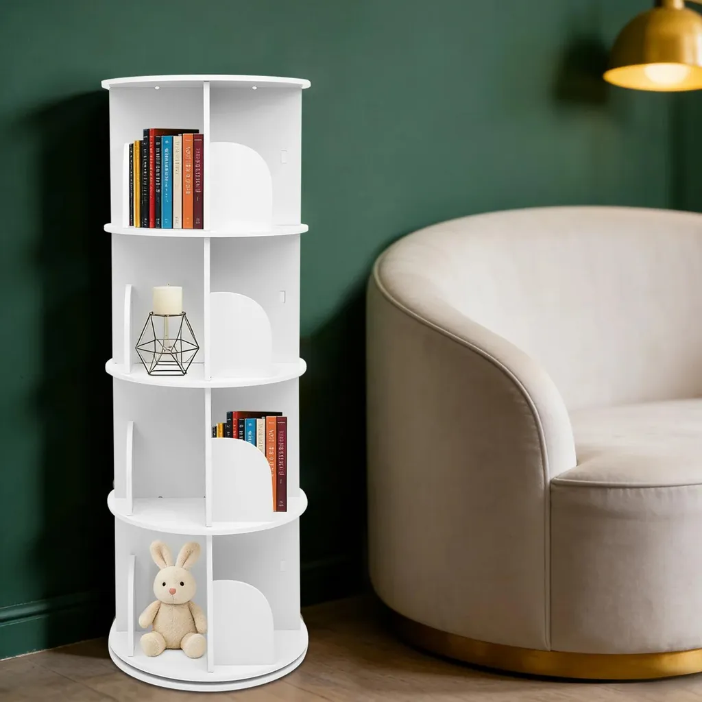 Étagère de rangement rotative 360° en bois blanc avec 4 compartiments