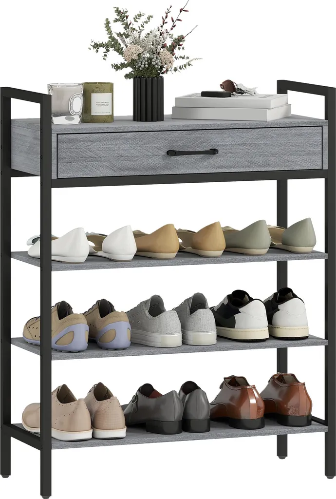Rangement chaussures gris et métal compact avec 4 niveaux de stock