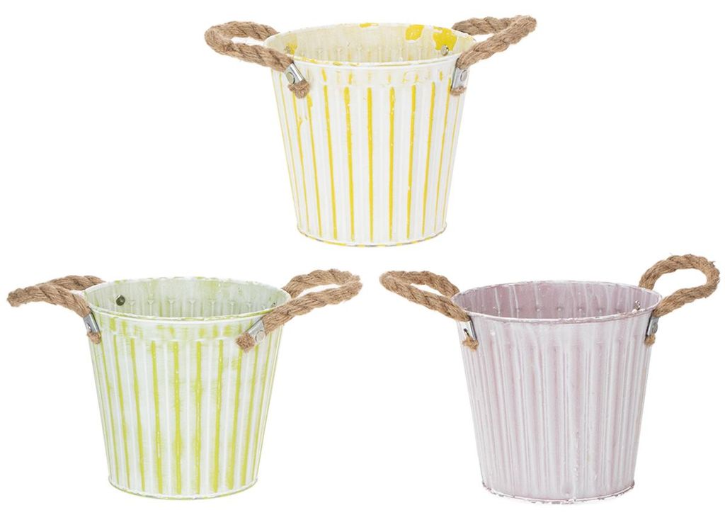 3er Set Metalleimer Shabby Chic Ø16,5cm H15cm - Pflanzgefäß Übertopf für Blumendeko, Jute Henkel, pastell Rosa/Grün/Gelb, 3 Stück