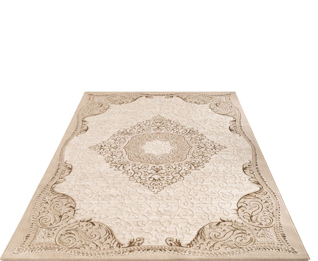 A beige oriental-style rug with intricate patterns is displayed on a white background.