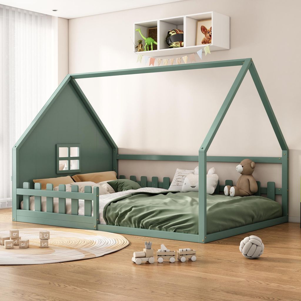 Merax Kinderbett 140x200cm, Hausform Bodenbett, Spaßbett Einzelbett mit Zäune und Fenster, Lattenrost, Kiefernholz, Jugendbett, Massivholzbett, G...