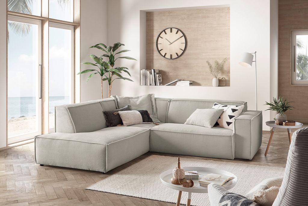 KAWOLA Sofa SAMU Ecksofa Cord steingrau Recamiere links