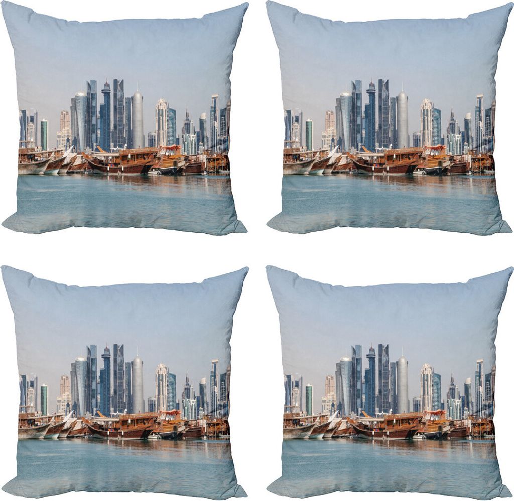 ABAKUHAUS Modern Kissenbezug Set (4 Stück), Katar Stadt Dhow Schiffe, Moderner Doppelseitiger Digitaldruck, 50 cm x 50 cm, Pale Blue Cinnamon