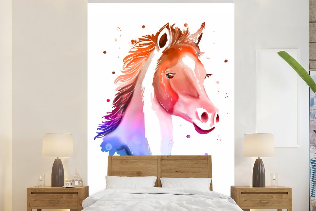 MuchoWow Fototapete für Wohnzimmer oder Schlafzimmer Wandtapete Vinyl Motivtapete Pferd - Rot - Rosa - Mädchen - Kinder - Mädchen - 200x300 cm...