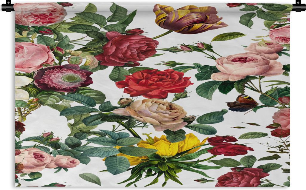 MuchoWow Wandteppich Wandbehang Blumen - Rot - Rosa - Weiß 90x60 cm Tapisserie Dekoration Wandtuch - Wandskulpturen - Bildteppich