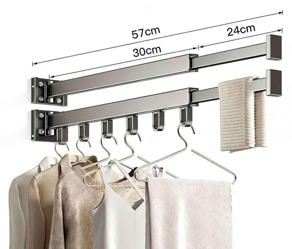 Faltbarer Wand-Wäscheständer Balkon Indoor Outdoor, Platzsparend, Alu, klappbar, ohne Bohren, Einzelstange, 6Haken, modern, stabil, Grau