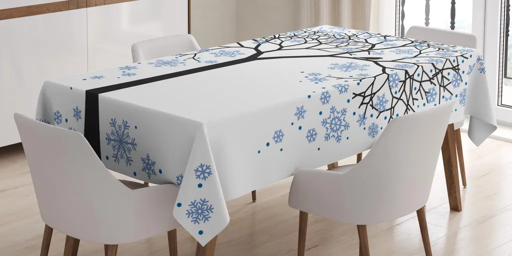 ABAKUHAUS Tovaglia invernale, Silhouette di albero sterile - Fiocco di neve lasciato a mano - Interpretazione della stagione della neve, 140 x 170 cm, blu, nero, bianco