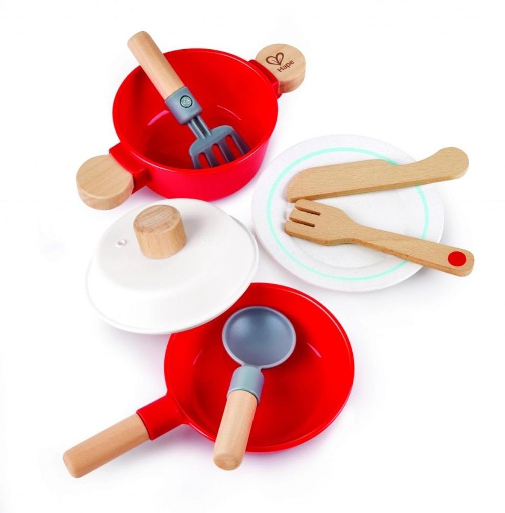 Hape Spielzeug-Kochset mit Kochtopf, Pfanne, Deckel, Teller Produktbild 