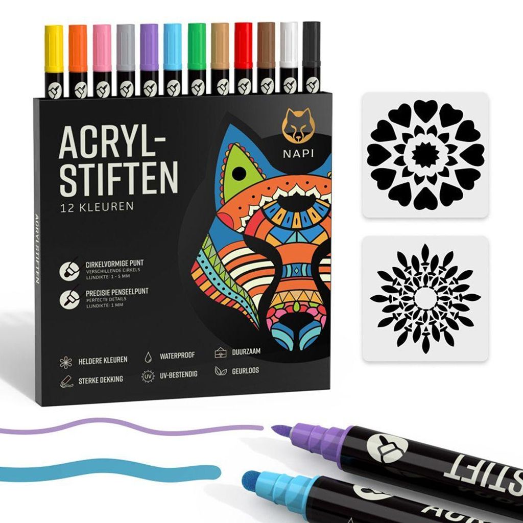 Merkloos NAPI Acrylstiften Dual Tip 12 kleuren