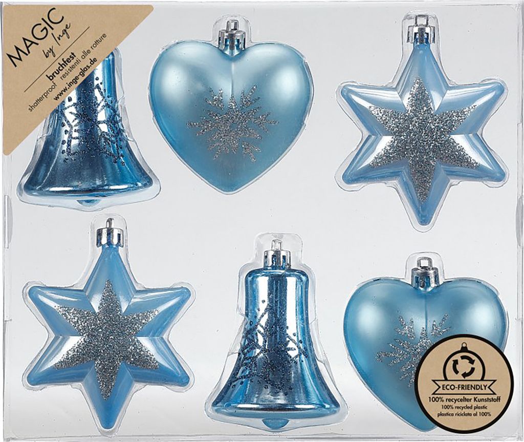 Christbaumschmuck Formen Mix 9cm Kunststoff 6er Set - Aqua Blue