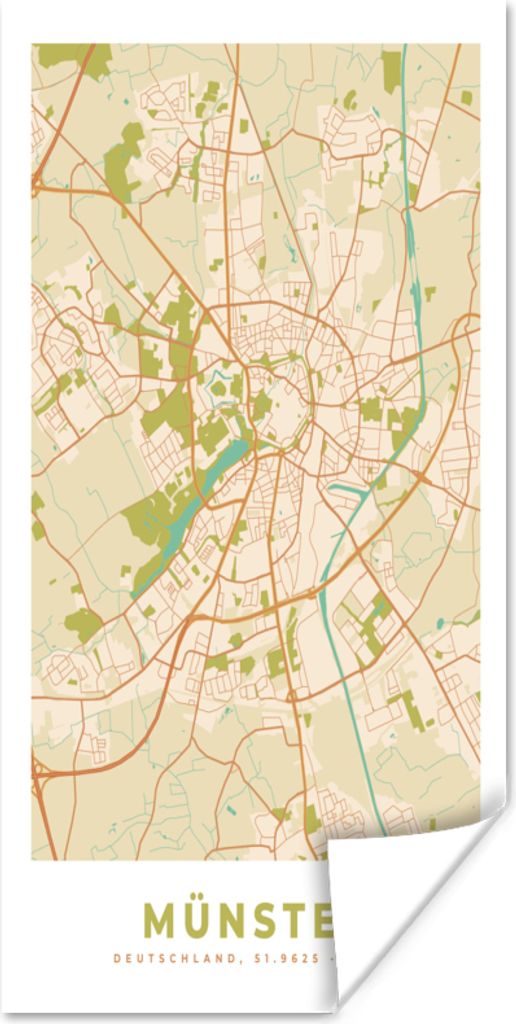 MuchoWow Poster Münster - Karte - Stadtplan - Vintage - Karte 75x150 cm - Dekoration für die Wände