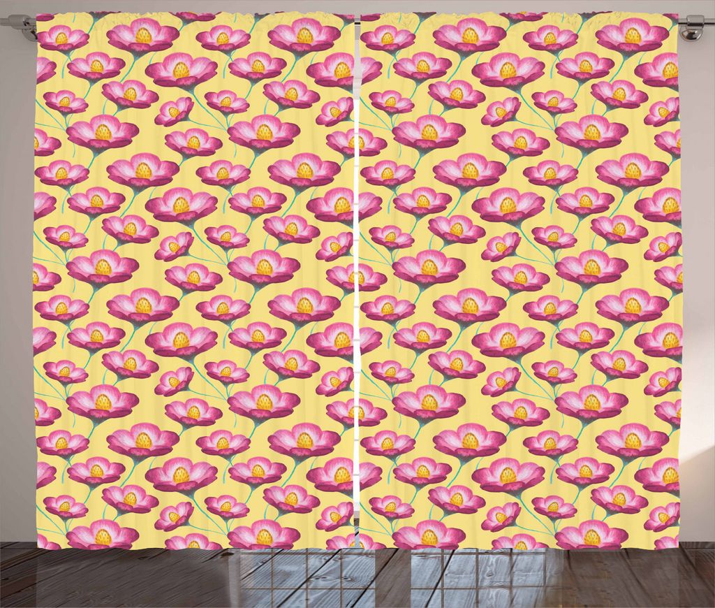 ABAKUHAUS Aster Rustikaler Vorhang, Kosmos-Blumen-Feld, Wohnzimmer Universalband Gardinen mit Schlaufen und Haken, 280 x 225 cm, Blassgelb Türkis ...