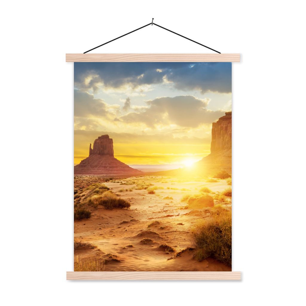 MuchoWow Textilposter Sonnenuntergang - Felsen - Landschaft - Horizont 40x53 cm mit holzfarbenen Rahmen - Schlafzimmer
