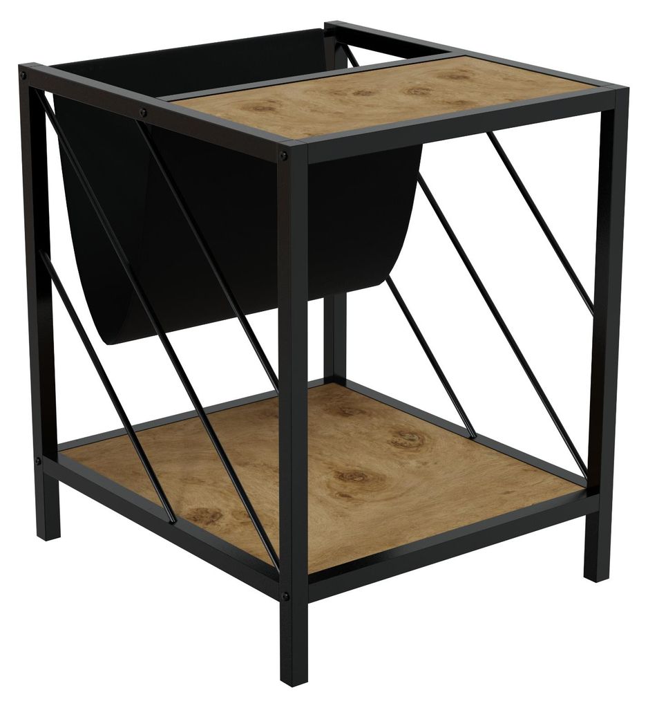 HAGO24 Beistelltisch 48x43x54cm Eiche Optik Holzplatte Stahlgestell Zeitschriftenfach Wohnzimmer Nachttisch Büro Ablage Bodenschoner