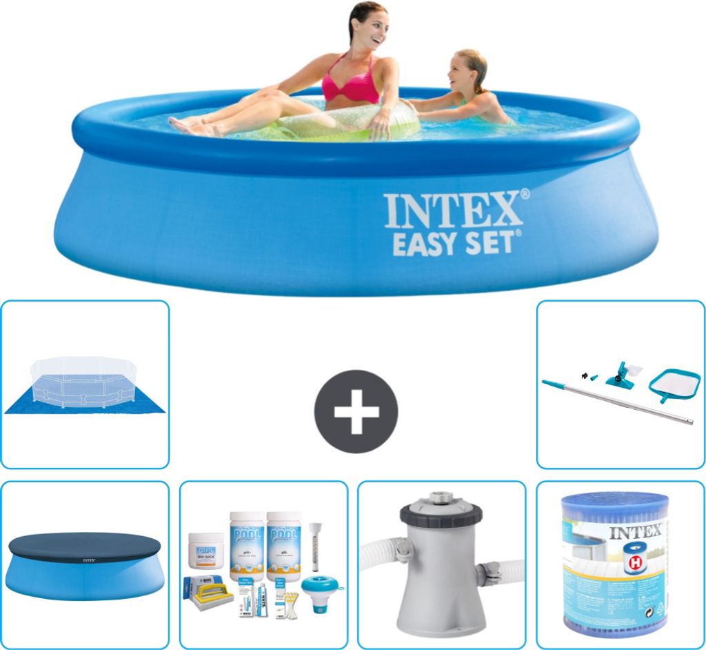 Intex runder aufblasbarer Easy Set-Pool – 244 x 61 cm – Blau – im Lieferumfang enthalten Abdeckung - Wartungspaket - Filterpumpe für Schwimm...