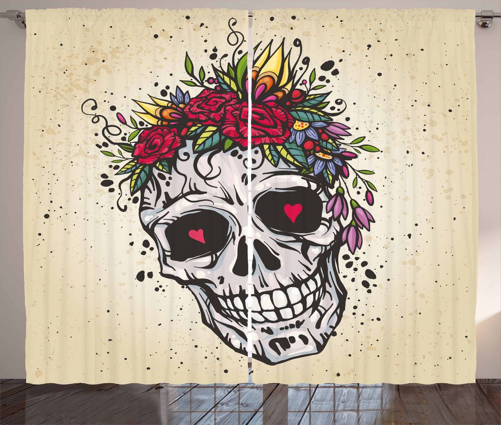 ABAKUHAUS Zuckerschädel Rustikaler Vorhang, Boho Chic Schädel, Wohnzimmer Universalband Gardinen mit Schlaufen und Haken, 280 x 225 cm, Mehrfarbig