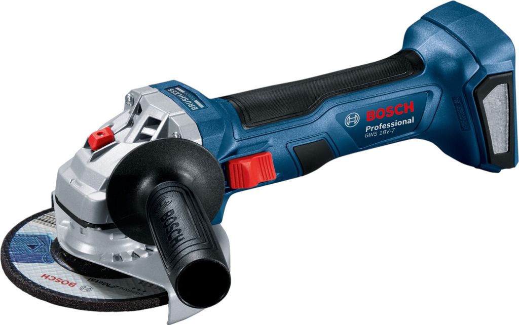 A cordless angle grinder is shown against a white background.