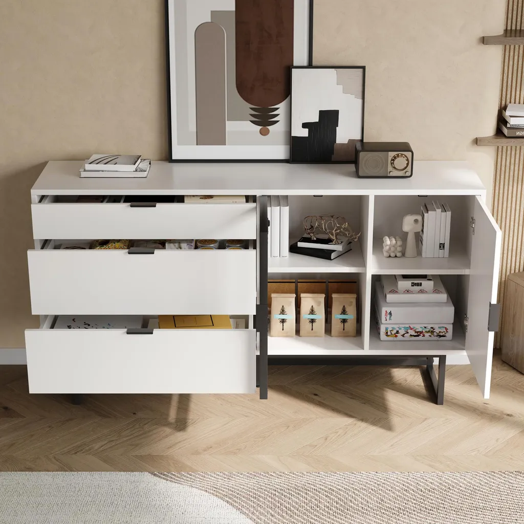 Buffet Merax blanc avec éclairage LED et 3 tiroirs design moderne - 3