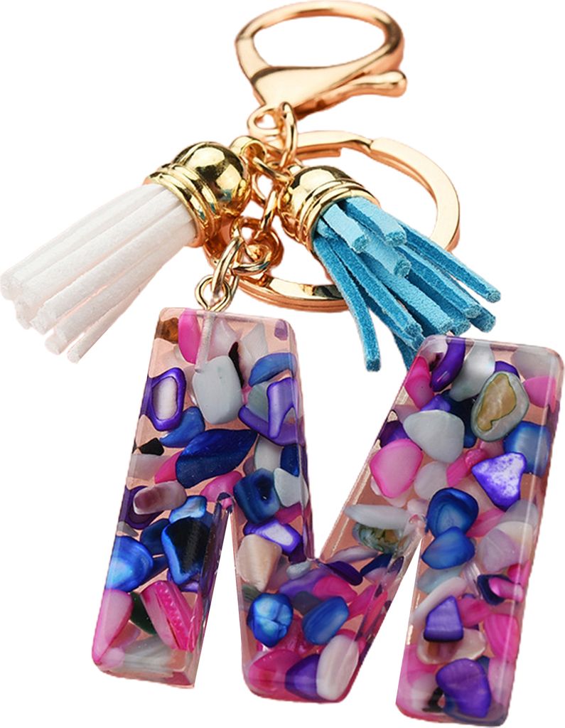 Lila Buchstaben-Anhänger, Quasten, Schlüsselanhänger, transparentes Acryl, 26 Alphabete, Schlüsselhalter, Charm-Dekoration-M