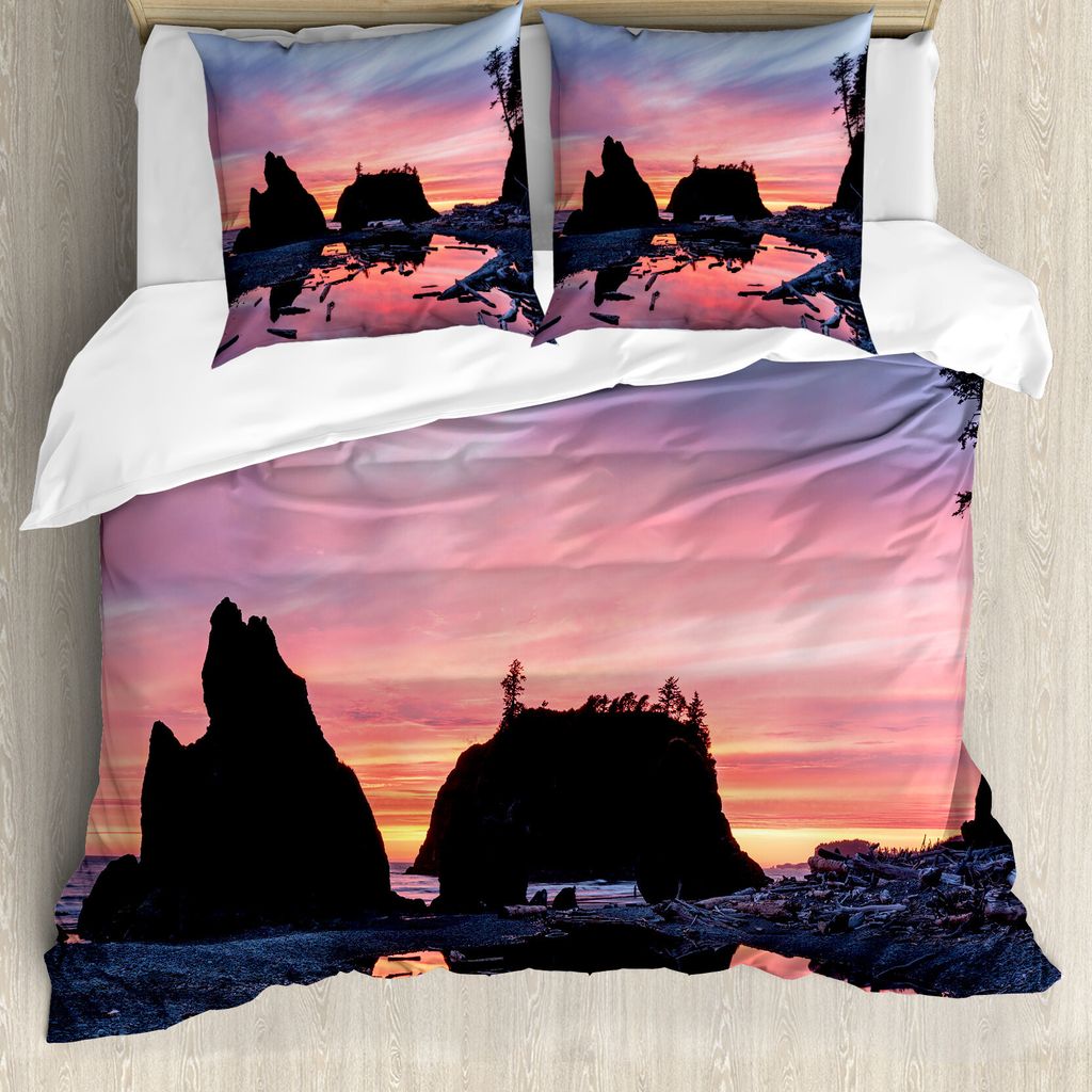 ABAKUHAUS Natur Bettbezugs Set Für Doppelbetten, Mystische Strand-Skyline, Milbensicher Allergiker geeignet mit Kissenbezügen, Mehrfarbig