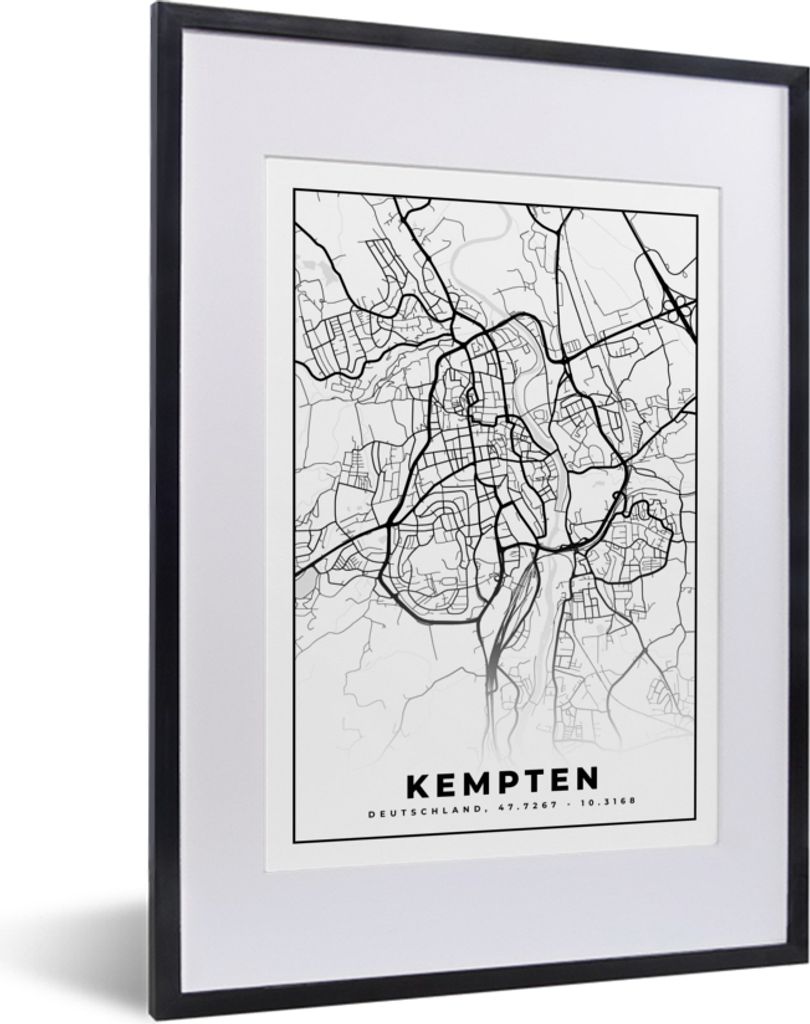 MuchoWow Gerahmtes Poster Stadtplan - Kempten - Karte 30x40 cm - Poster mit Schwarzem Bilderrahmen Wandposter Rahmen Foto Bilder - Wandposter Sch...