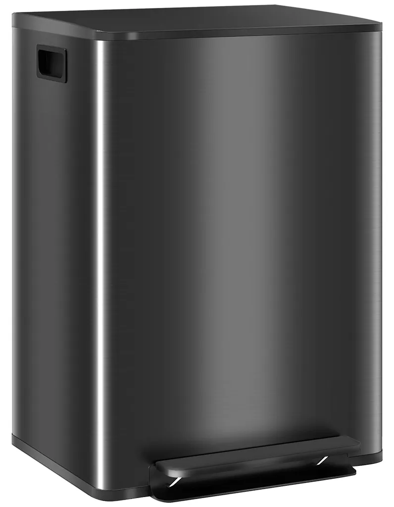 Poubelle de tri sélectif double bac 60L noir mat avec pédale inox