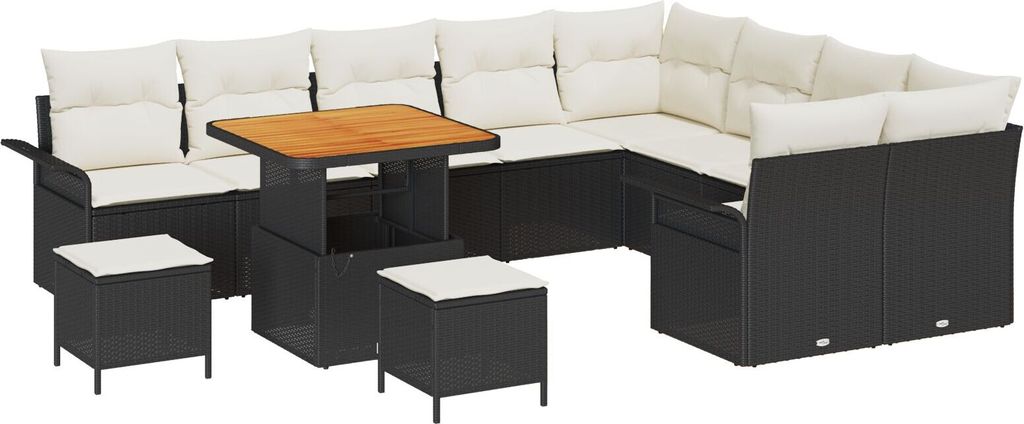 Möbel 12-teiliges Garten Sofa Set mit Kissen Schwarz Poly Rattan Akazie, 3-teiliges Garten Essset mit Kissen Schwarz Poly Rattan Akazie, 2-Sitzer ...