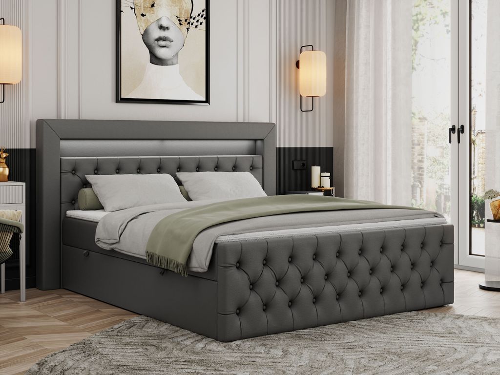 Boxspringbett 120x200 mit Led, Polsterbett 120x200 mit LED Kopfteil - Multipocket-Matratze H3 - Doppelbett mit Bettkasten Stauraumbet - GOLD-9 - 12...
