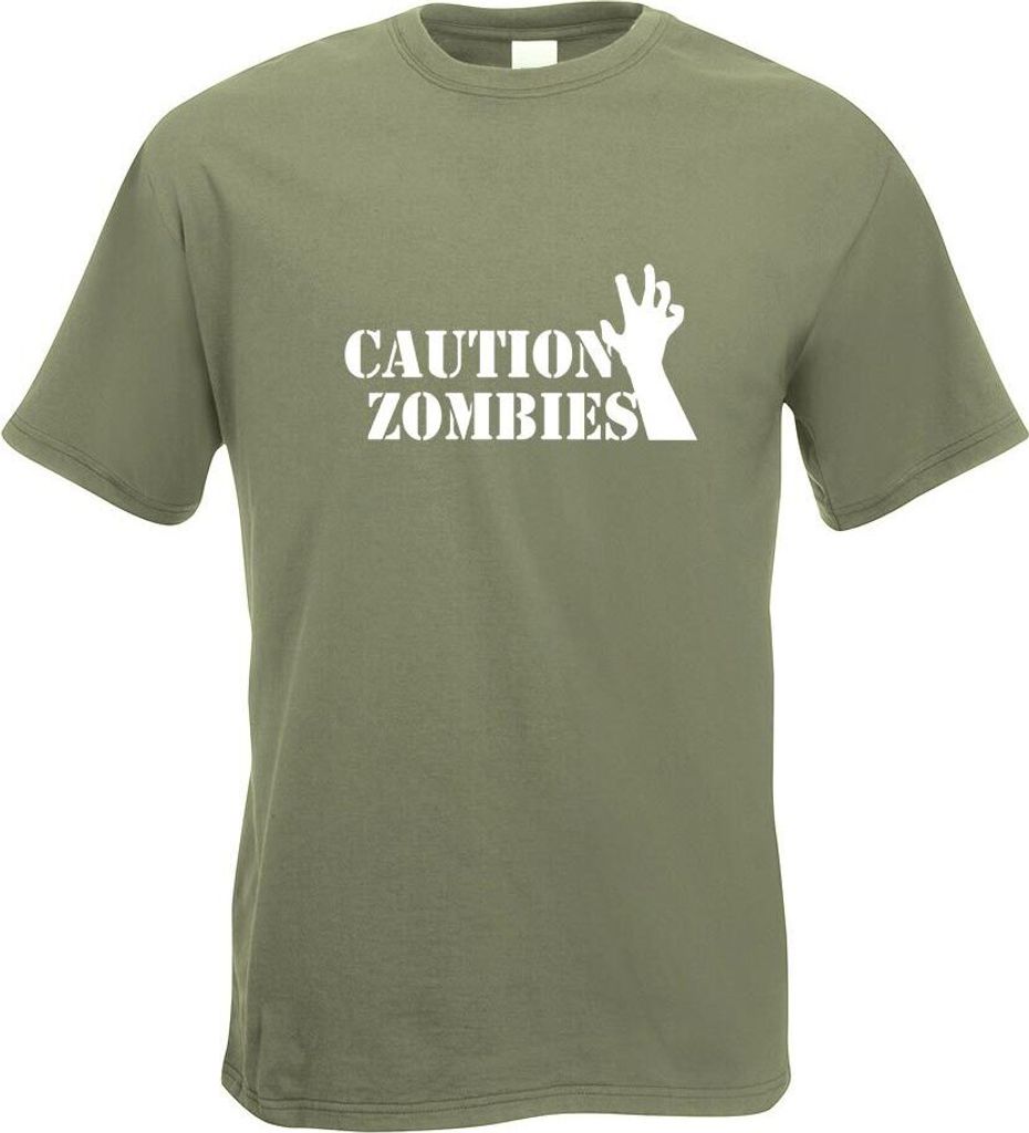 Kiwistar - T-Shirt - Olive - Caution Zombies Motiv Bedruckt Funshirt Design Print - mit Motiv Bedruckt - Funshirt Design - Sport - Freizeit - Herre...