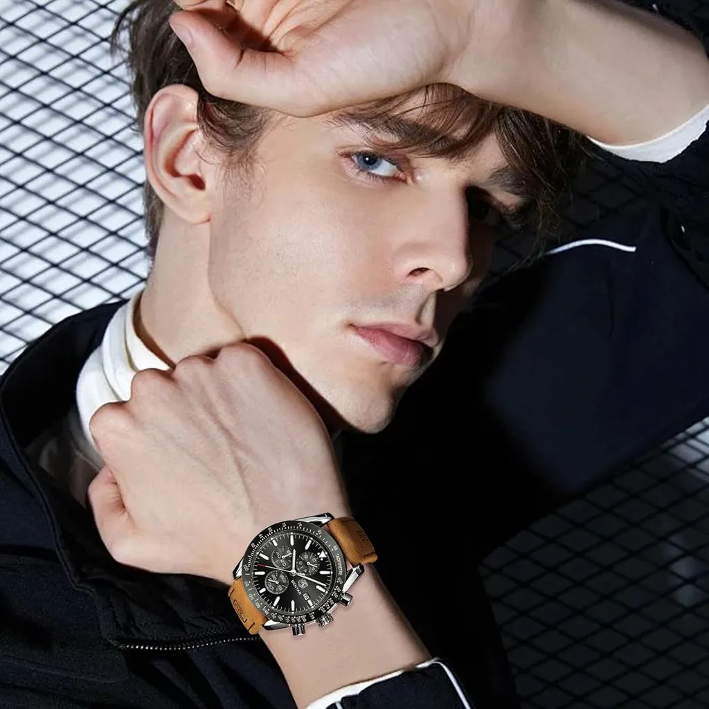 MEGIR Orologio da uomo analogico al quarzo, cronografo, con cinturino in pelle con quadrante grande, per sport, 2130, Marrone, Cronografo, movimento al quarzo