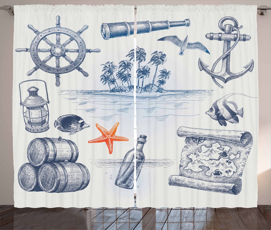 ABAKUHAUS Reise Rustikaler Gardine, Abenteuer Tropical Island, Schlafzimmer Kräuselband Vorhang mit Schlaufen und Haken, 280 x 225 cm, Dark Blue O...