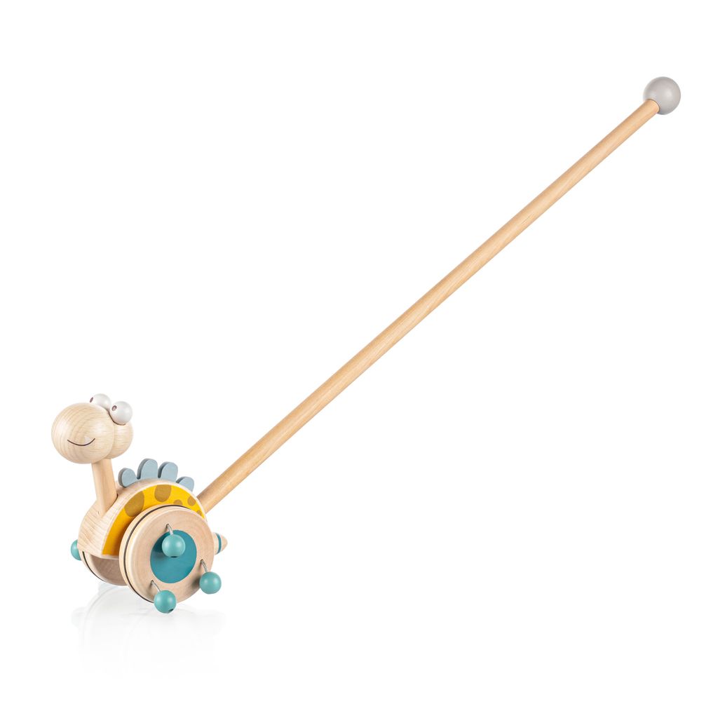 A wooden dinosaur push toy with a long handle, shown on a white background.