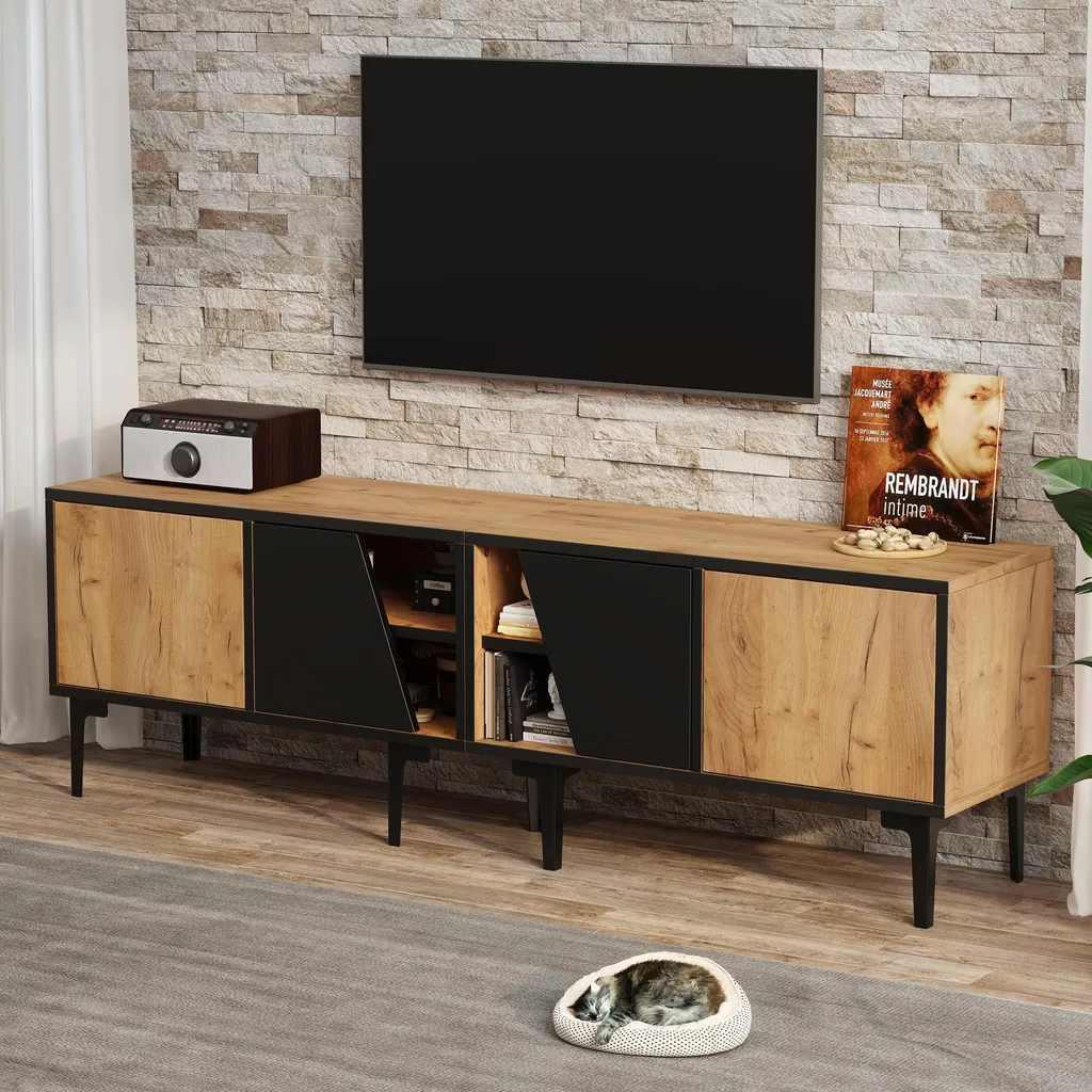 Porta TV Merax in Legno Naturale: 7 Gambe e 4 Vani per Soggiorno - 3