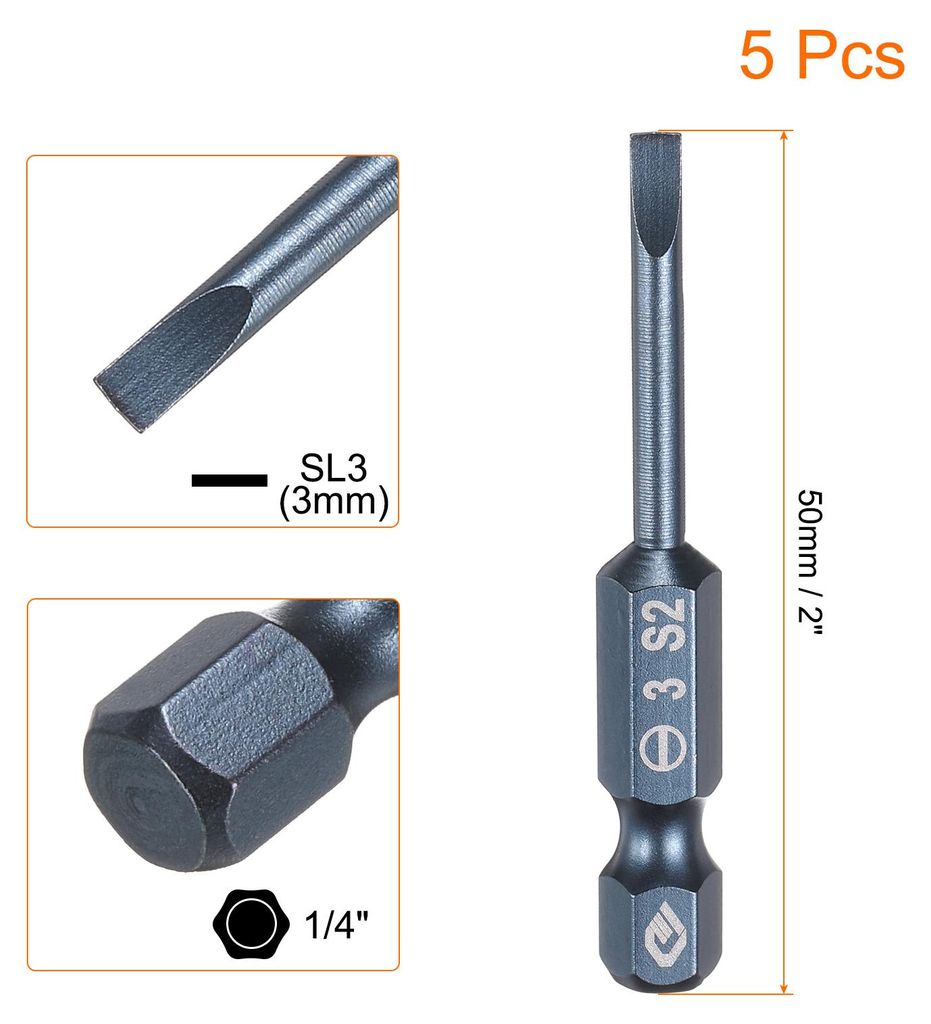 5 Stš¹ck SL3 Schlitz Schraubendreher Bit Set mit 1/4" Sechskantschaft, 50mm Lang Flachkopf Schraubendreher Bits S2 Stahl Magnetische Blau Bohrer ...