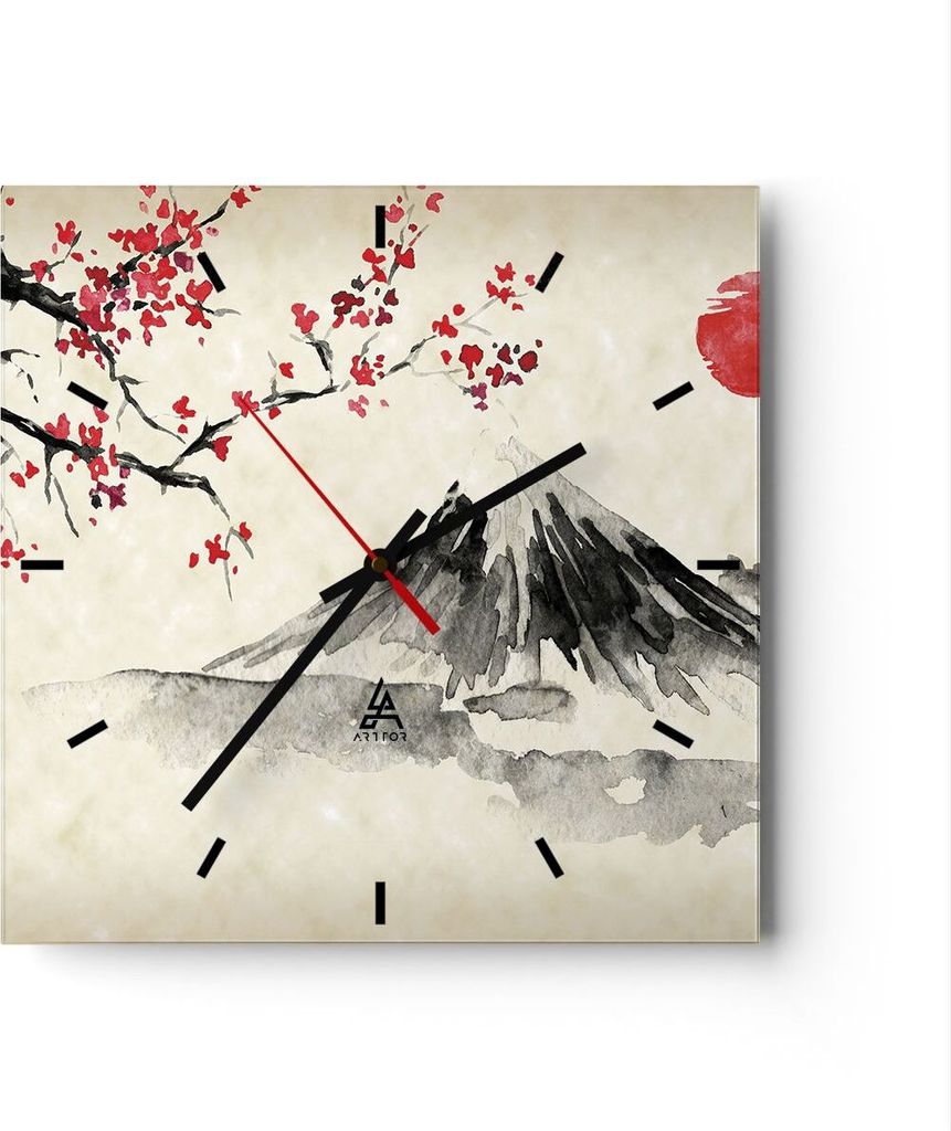 Wanduhr - Quadrat - Glasuhr - Aquarell asiatisch Landschaft - 40x40cm - Schleichendes Uhrwerk - Lautlos - zum Aufhängen bereit - Dekoration Modern...