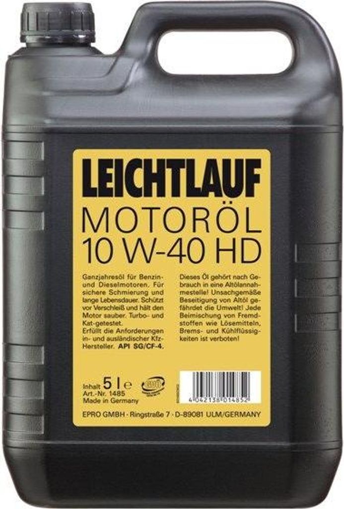 A black plastic container of motor oil with a yellow label.