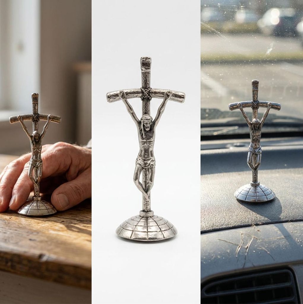 Stehendes Kreuz aus Metall, silberfarben, klein, mit Jesus, für den Schreibtisch, das Auto oder das Zimmer