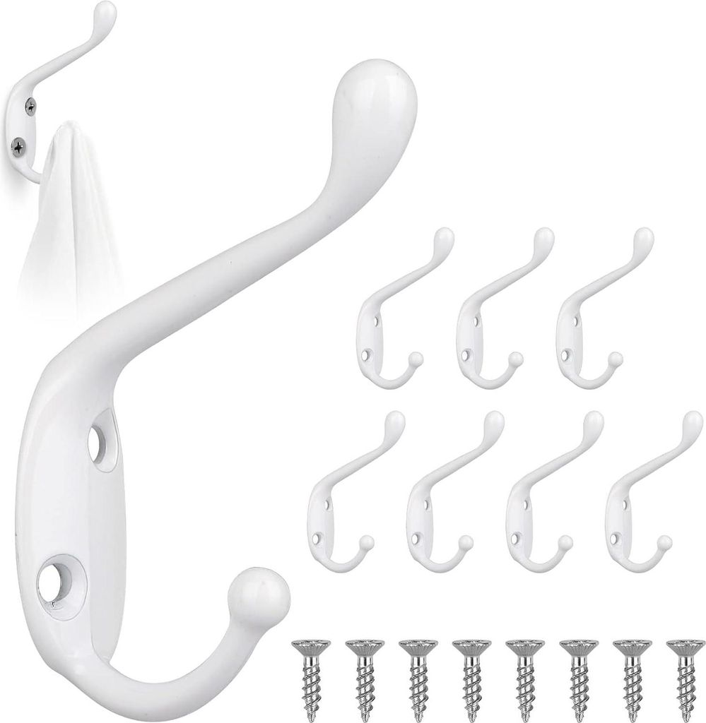 Wandmontagehaken - 8 Stück Vintage-Jackenhaken Weiß - doppelte Türhaken - 16 Schrauben - Metall Badezimmer-Kleidungshaken - Handtücher Hüte Sc...