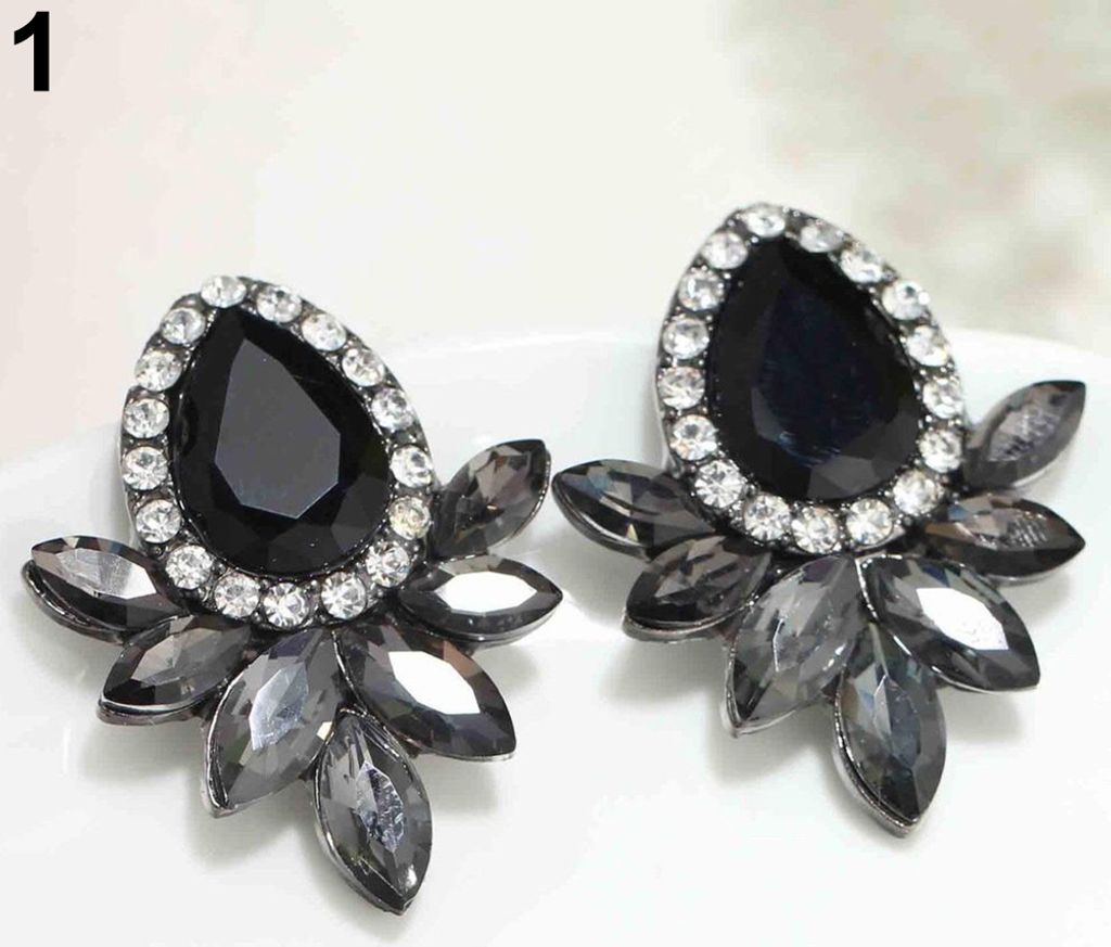 Lady Girl Stilvolle elegante Wassertropfen-Strass-Cocktail-Ohrstecker-Schwarz