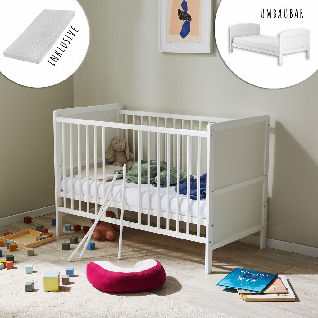 Kinderbett Umbaubar 60x120 cm mit Matratze, Lattenrost und Produktbild 