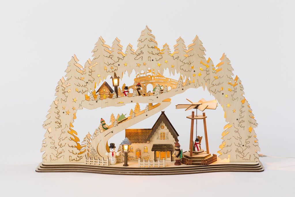 HDG Lichterbogen Stadt - mit beweglicher Pyramide - Holzkunstdekoration für die Weihnachtszeit - mit LED-Beleuchtung - CLB02-4803E