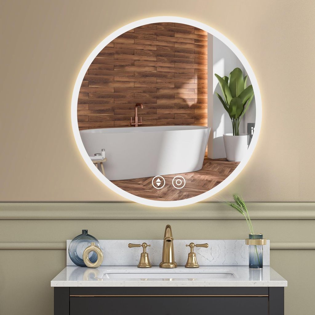 YOLEO Badezimmerspiegel rund mit Beleuchtung 50 cm LED Spiegel mit Touch Switch Badezimmerspiegel LED Anti-Fog 3 stufenlos verstellbare Lichtfarben