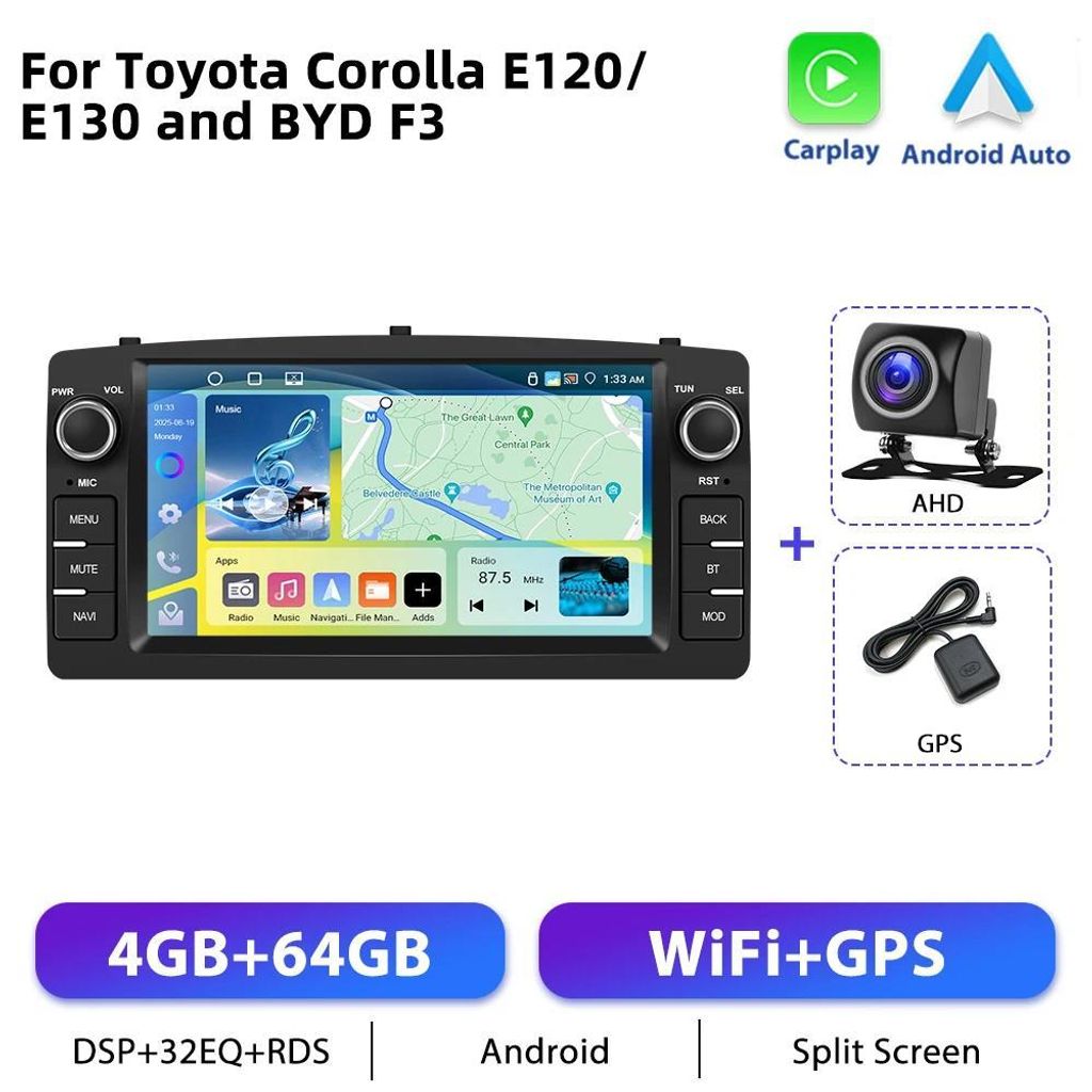 Toyota Corolla E120/E130 - 1-DIN Android-Autoradio - 17,8 cm 1024×600 Touchscreen - Android 11 - Apple CarPlay - 4 GB RAM + 64 GB - GPS & AHD-Rüc...