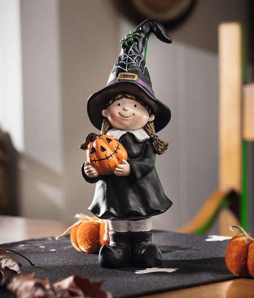 Dekofigur "Hexe" aus Polyresin mit Gruselkürbis, Halloweendeko 27 cm hoch, Hexenfigur schwarz, Halloween Deko