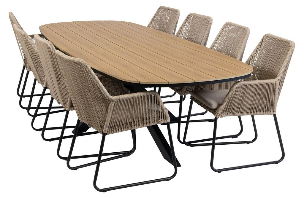 9-teiliges Garten-Set | 8 Mona Gartenstühle | Gartentisch Cadiz 280 x 115 cm | Sand & Schwarz