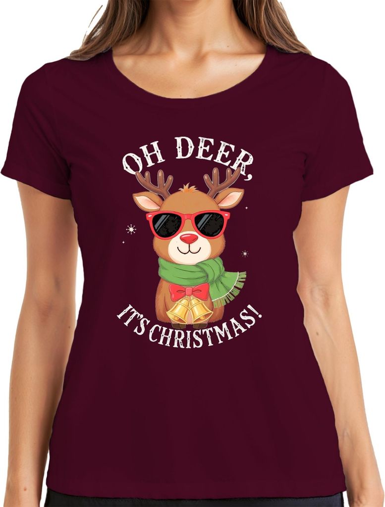 Oh Deer It's Christmas Rudolph Sonnenbrille Schal Glocken lustig Damen T-Shirt, Burgundy, L