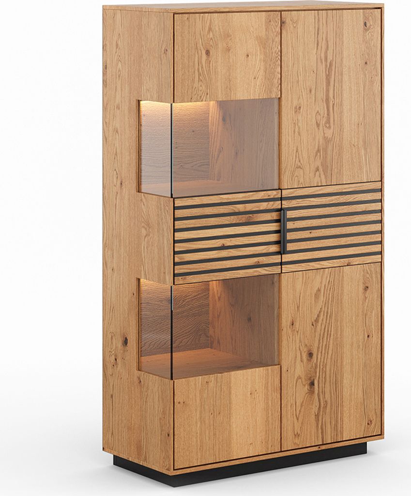 Wohnzimmer Highboard mit 83 cm Breite aus Eiche massiv geölt, stehend oder hängend montierbar, mit schwarzen Lamellen und LED-Beleuchtung - TIVAT...